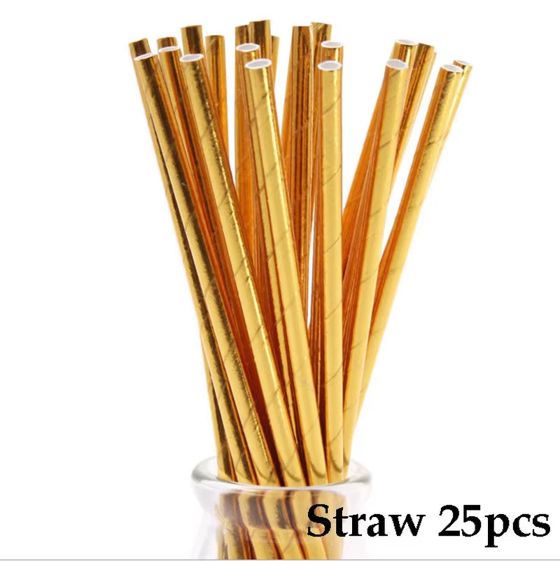 Disposable Kraft Paper Tableware Set Golden Colored Palm Leaf Pattern Plate Cup Towel Straw Party Decor Wedding Birthday Cutlery