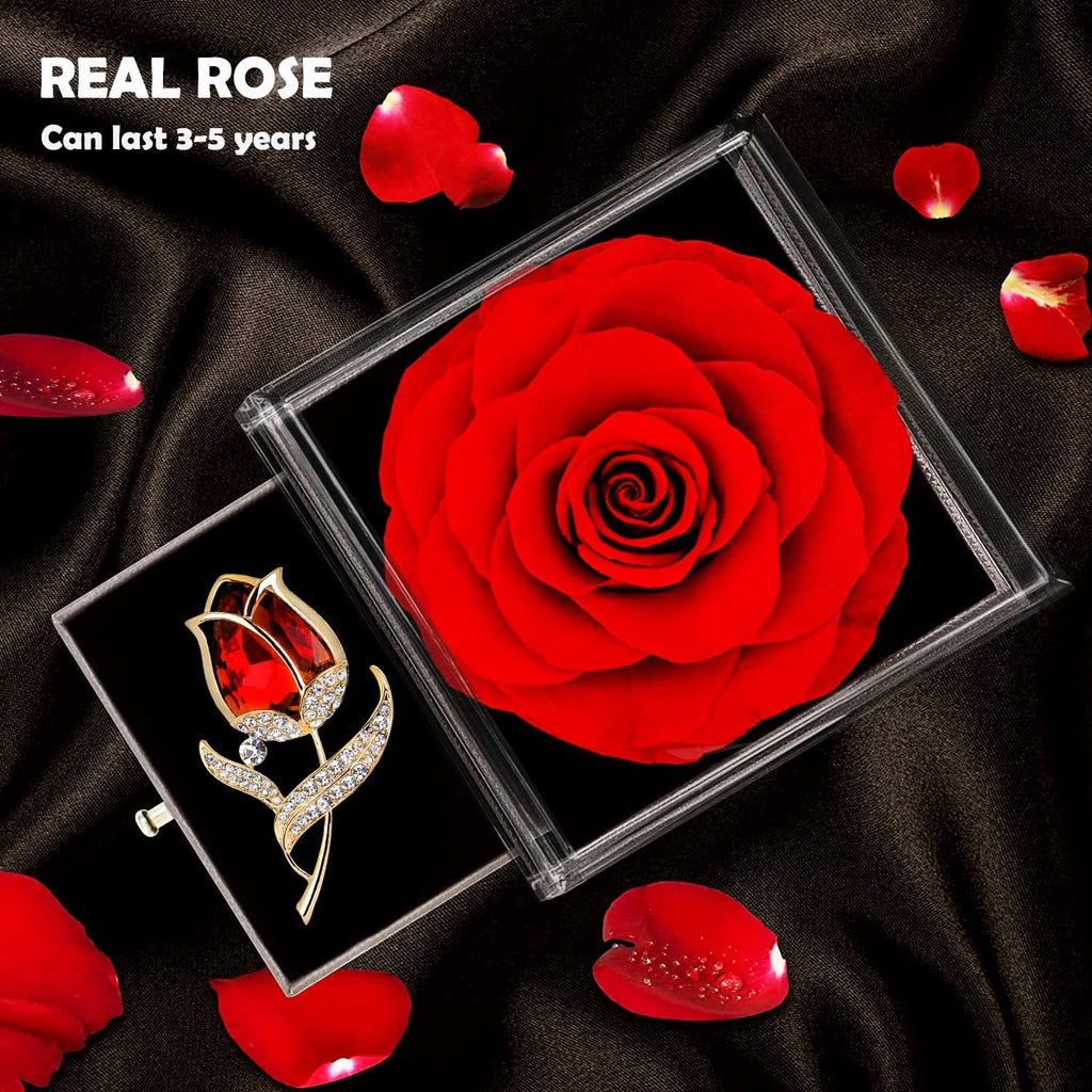 Preserved Red Rose Gift Box- Enchanted Real Roses with Ruby Brooch, Eternal Rose Flower in Jewelry Box, Handmade Rose,Forever Red Rose Gift for Her on Christmas Mother'S Day, Anniversary.