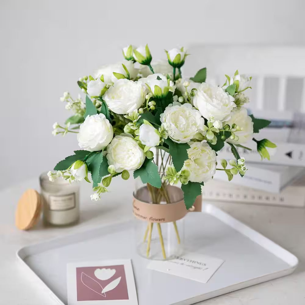 10.71 In. in White Indoor/Outdoor Artificial Peony Flower for Wedding Party Table Centerpieces Floral Arrangement 4-Pack