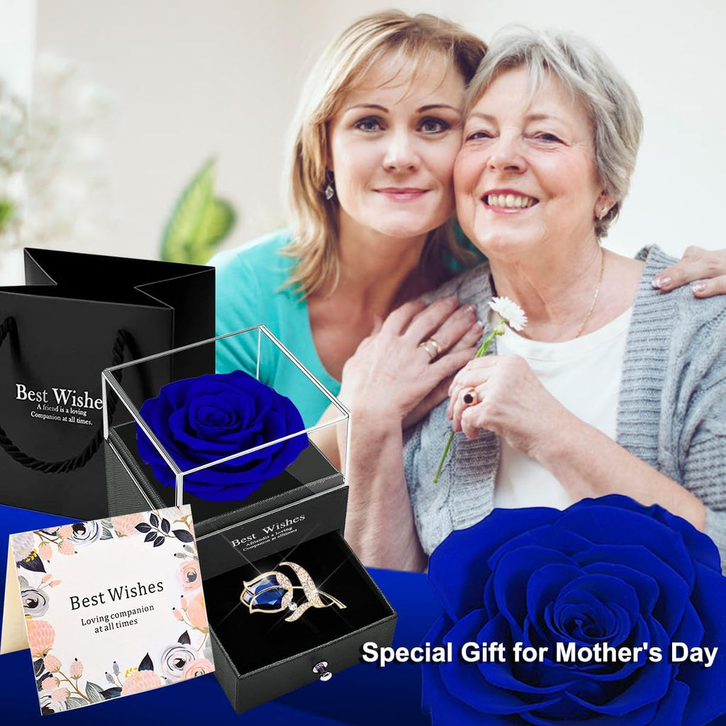 Preserved Rose Gift Enchanted Real Blue Rose with Sapphire Brooch, Eternal Flower Rose, Handmade Rose in Box with Pin, Forever Blue Rose Gift for Her on Mother'S Day, Birthday.