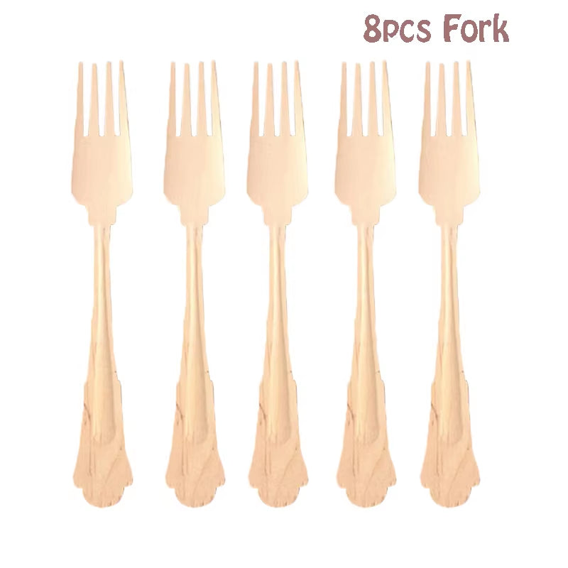 Disposable Kraft Paper Tableware Set Golden Colored Palm Leaf Pattern Plate Cup Towel Straw Party Decor Wedding Birthday Cutlery