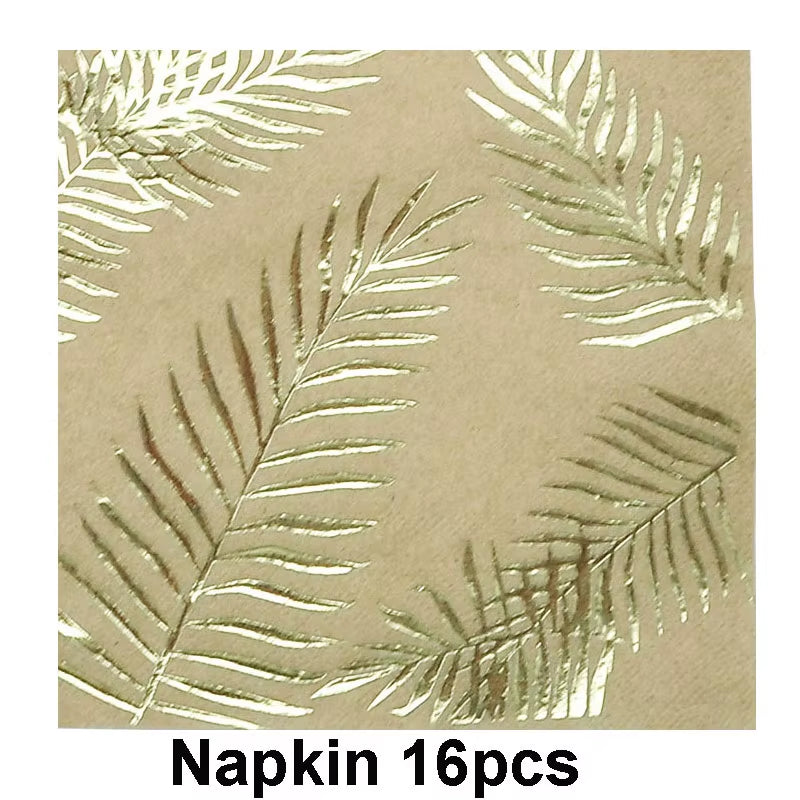Disposable Kraft Paper Tableware Set Golden Colored Palm Leaf Pattern Plate Cup Towel Straw Party Decor Wedding Birthday Cutlery