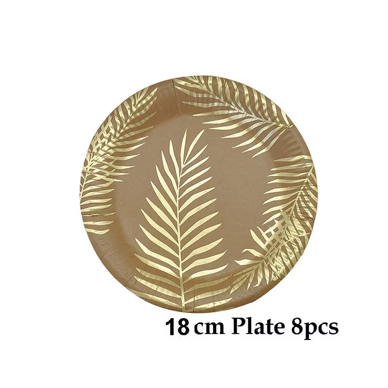 Disposable Kraft Paper Tableware Set Golden Colored Palm Leaf Pattern Plate Cup Towel Straw Party Decor Wedding Birthday Cutlery