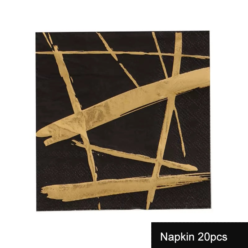 Disposable Kraft Paper Tableware Set Golden Colored Palm Leaf Pattern Plate Cup Towel Straw Party Decor Wedding Birthday Cutlery