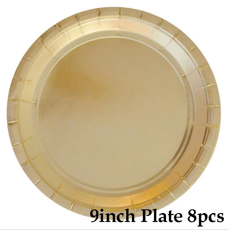 Disposable Kraft Paper Tableware Set Golden Colored Palm Leaf Pattern Plate Cup Towel Straw Party Decor Wedding Birthday Cutlery