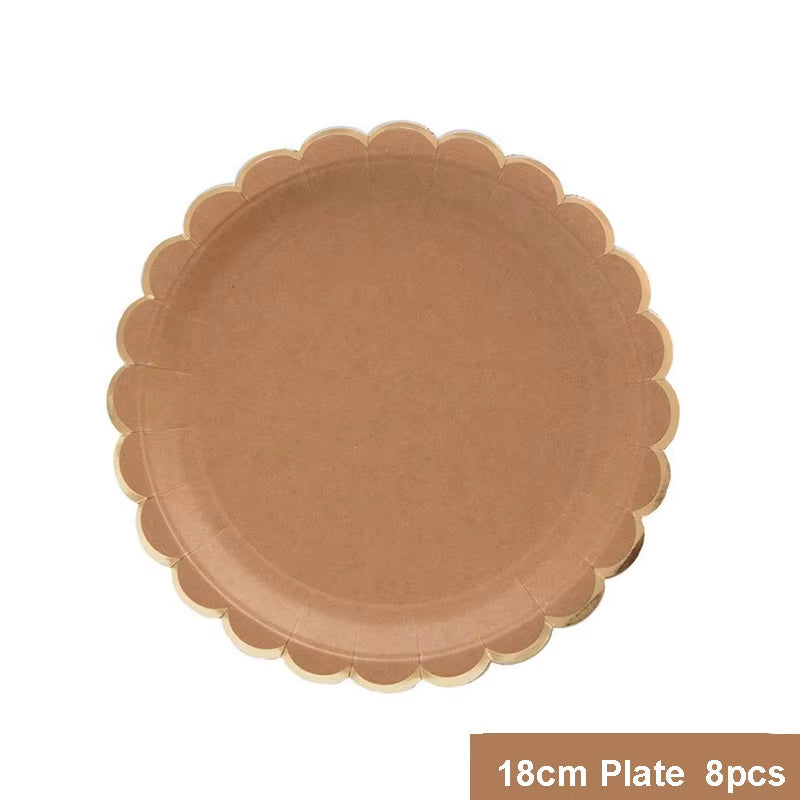 Disposable Kraft Paper Tableware Set Golden Colored Palm Leaf Pattern Plate Cup Towel Straw Party Decor Wedding Birthday Cutlery
