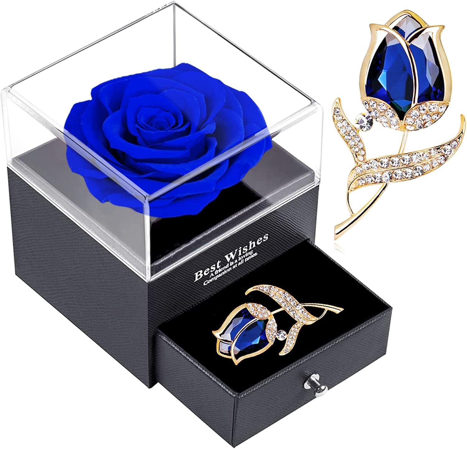 Preserved Rose Gift Enchanted Real Blue Rose with Sapphire Brooch, Eternal Flower Rose, Handmade Rose in Box with Pin, Forever Blue Rose Gift for Her on Mother'S Day, Birthday.