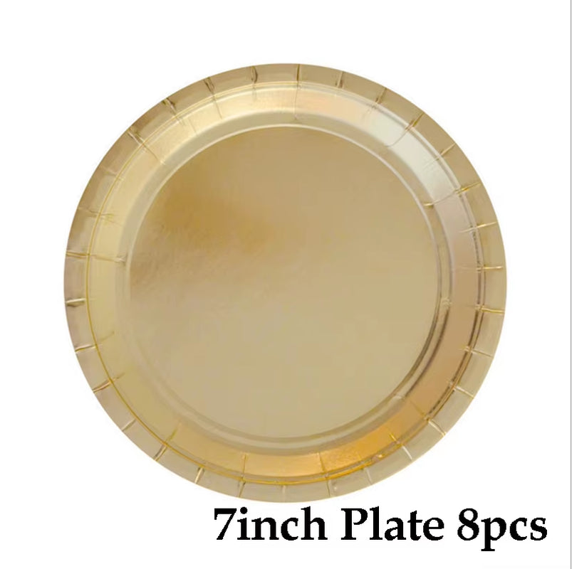 Disposable Kraft Paper Tableware Set Golden Colored Palm Leaf Pattern Plate Cup Towel Straw Party Decor Wedding Birthday Cutlery