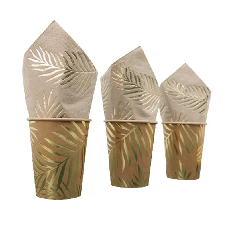 Disposable Kraft Paper Tableware Set Golden Colored Palm Leaf Pattern Plate Cup Towel Straw Party Decor Wedding Birthday Cutlery