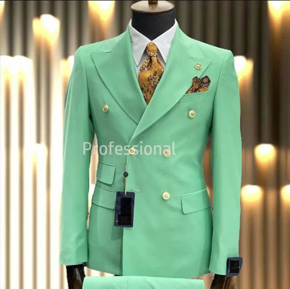 Light Blue Red Green Double Breasted Slim Fit Men Suits Wedding Tuxedos Groom Business Party Prom Best Man Blazer Costume Homme