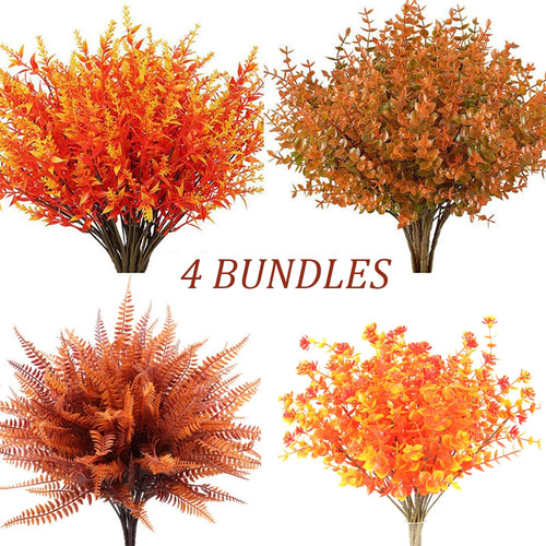 4PCS Artificial Fall Plants Plastics Fake Eucalyptus Shrubs Outdoor Plant for Garden Home Autumn Decoration Festival Party Decor