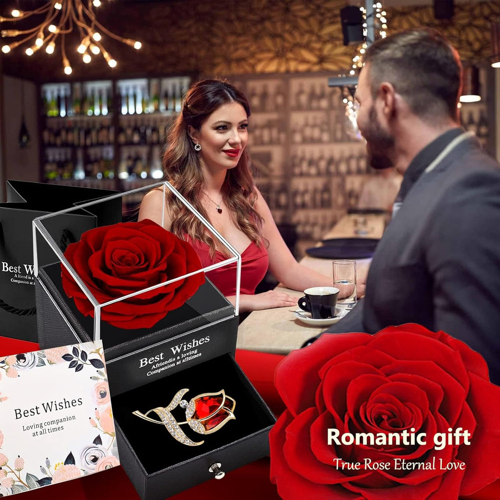 Preserved Red Rose Gift Box- Enchanted Real Roses with Ruby Brooch, Eternal Rose Flower in Jewelry Box, Handmade Rose,Forever Red Rose Gift for Her on Christmas Mother'S Day, Anniversary.