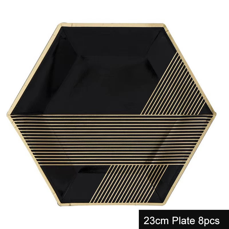 Disposable Kraft Paper Tableware Set Golden Colored Palm Leaf Pattern Plate Cup Towel Straw Party Decor Wedding Birthday Cutlery