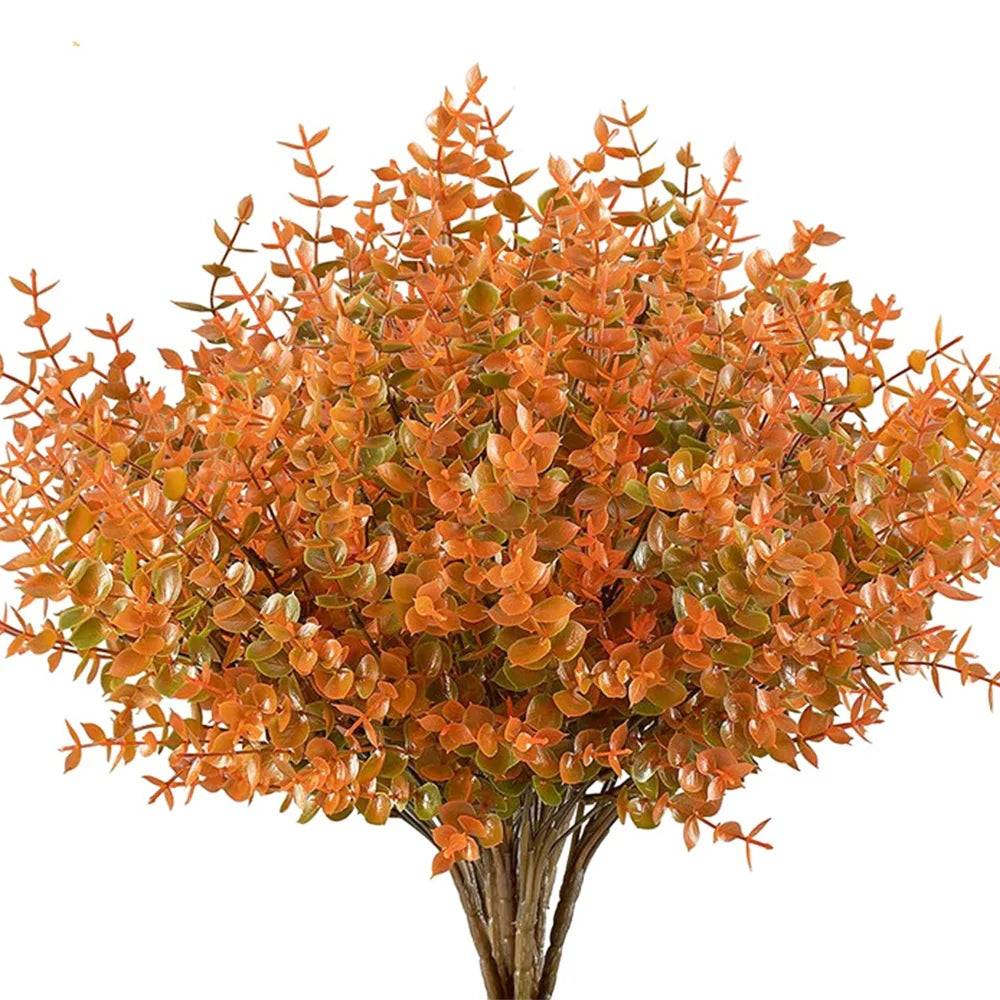 4PCS Artificial Fall Plants Plastics Fake Eucalyptus Shrubs Outdoor Plant for Garden Home Autumn Decoration Festival Party Decor