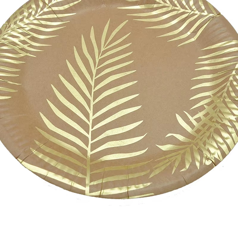 Disposable Kraft Paper Tableware Set Golden Colored Palm Leaf Pattern Plate Cup Towel Straw Party Decor Wedding Birthday Cutlery
