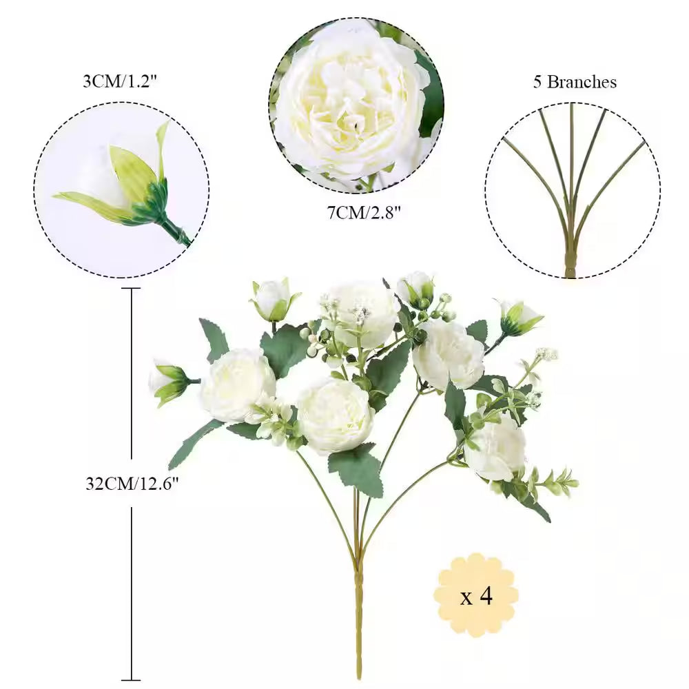 10.71 In. in White Indoor/Outdoor Artificial Peony Flower for Wedding Party Table Centerpieces Floral Arrangement 4-Pack