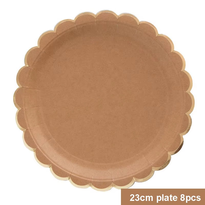 Disposable Kraft Paper Tableware Set Golden Colored Palm Leaf Pattern Plate Cup Towel Straw Party Decor Wedding Birthday Cutlery