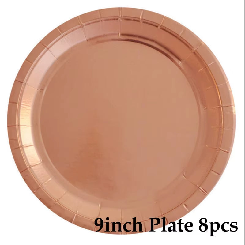 Disposable Kraft Paper Tableware Set Golden Colored Palm Leaf Pattern Plate Cup Towel Straw Party Decor Wedding Birthday Cutlery
