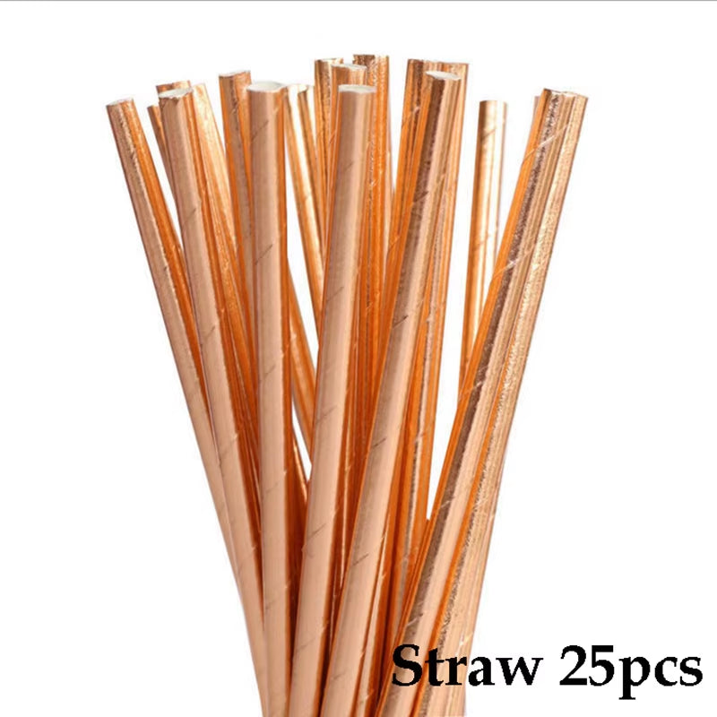 Disposable Kraft Paper Tableware Set Golden Colored Palm Leaf Pattern Plate Cup Towel Straw Party Decor Wedding Birthday Cutlery