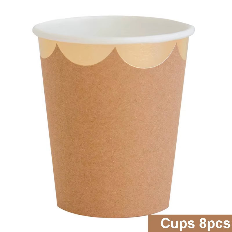 Disposable Kraft Paper Tableware Set Golden Colored Palm Leaf Pattern Plate Cup Towel Straw Party Decor Wedding Birthday Cutlery
