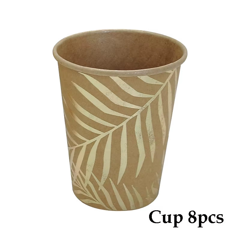 Disposable Kraft Paper Tableware Set Golden Colored Palm Leaf Pattern Plate Cup Towel Straw Party Decor Wedding Birthday Cutlery