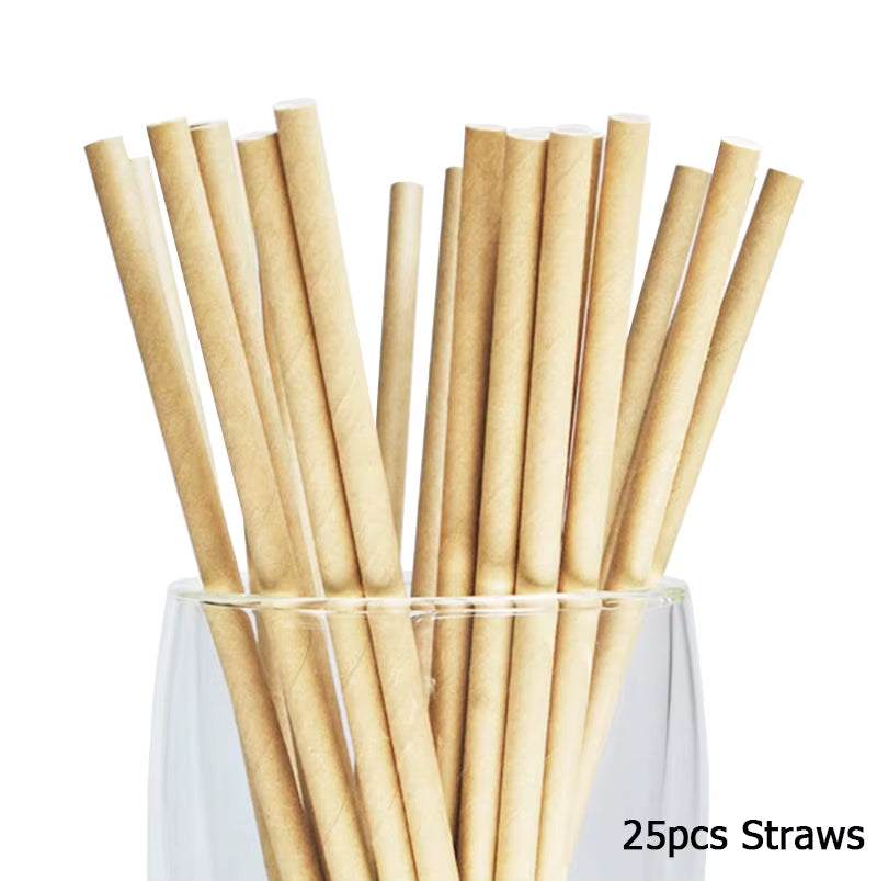 Disposable Kraft Paper Tableware Set Golden Colored Palm Leaf Pattern Plate Cup Towel Straw Party Decor Wedding Birthday Cutlery