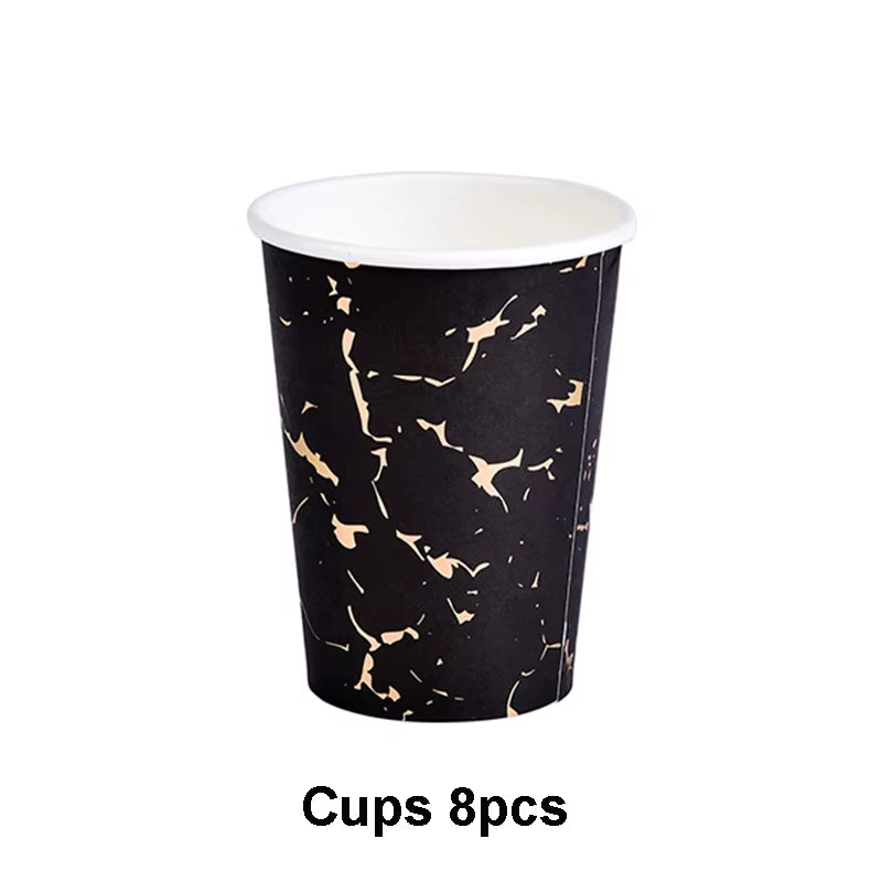 Disposable Kraft Paper Tableware Set Golden Colored Palm Leaf Pattern Plate Cup Towel Straw Party Decor Wedding Birthday Cutlery
