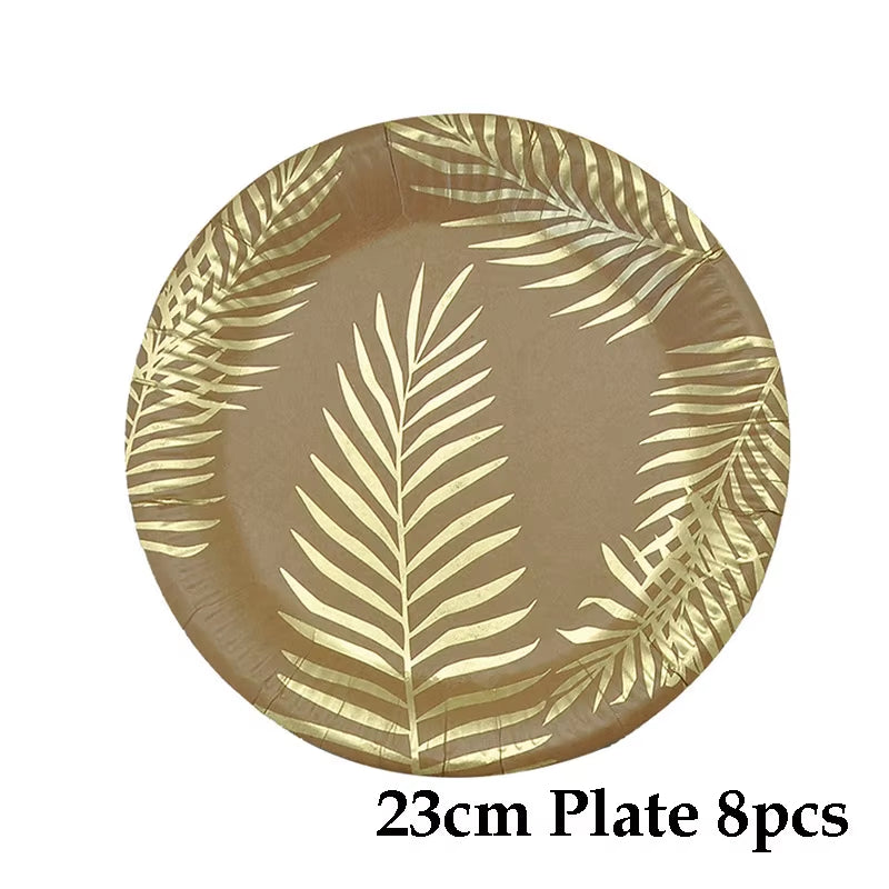 Disposable Kraft Paper Tableware Set Golden Colored Palm Leaf Pattern Plate Cup Towel Straw Party Decor Wedding Birthday Cutlery