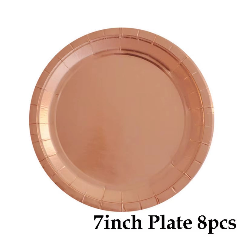 Disposable Kraft Paper Tableware Set Golden Colored Palm Leaf Pattern Plate Cup Towel Straw Party Decor Wedding Birthday Cutlery
