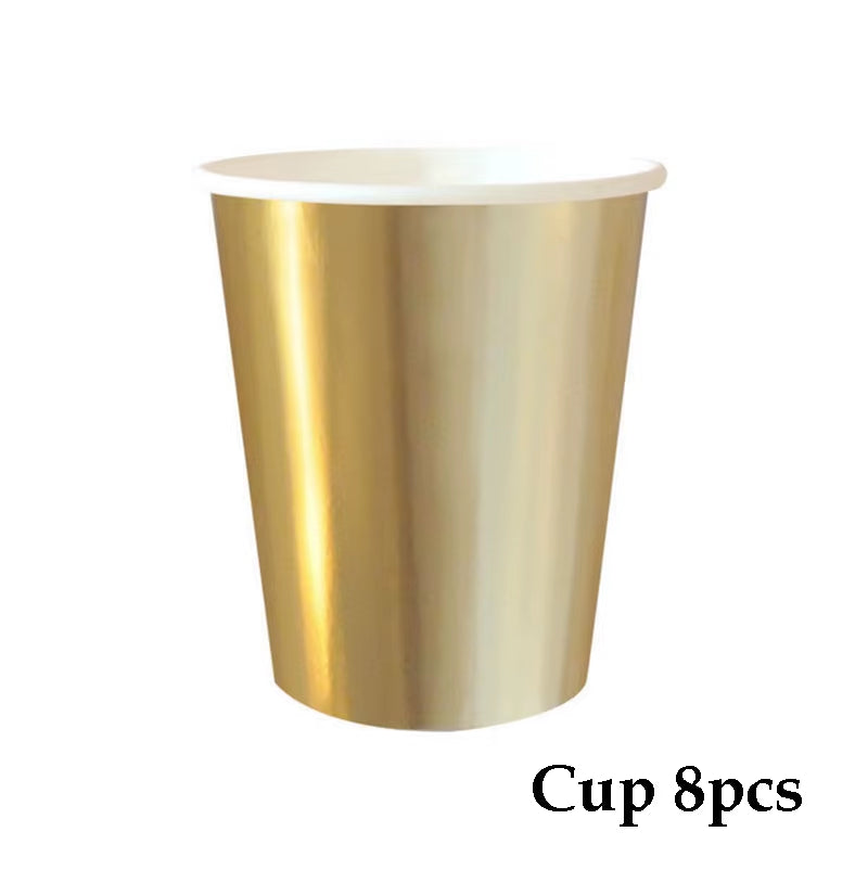 Disposable Kraft Paper Tableware Set Golden Colored Palm Leaf Pattern Plate Cup Towel Straw Party Decor Wedding Birthday Cutlery