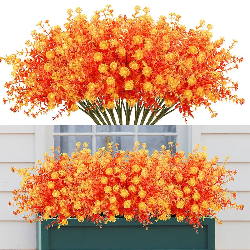 4PCS Artificial Fall Plants Plastics Fake Eucalyptus Shrubs Outdoor Plant for Garden Home Autumn Decoration Festival Party Decor