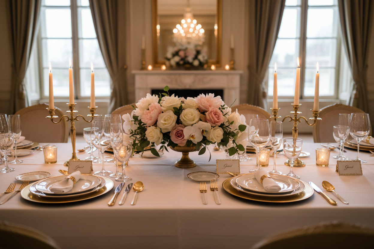 Elegant Dinner Table with White and Gold Decor