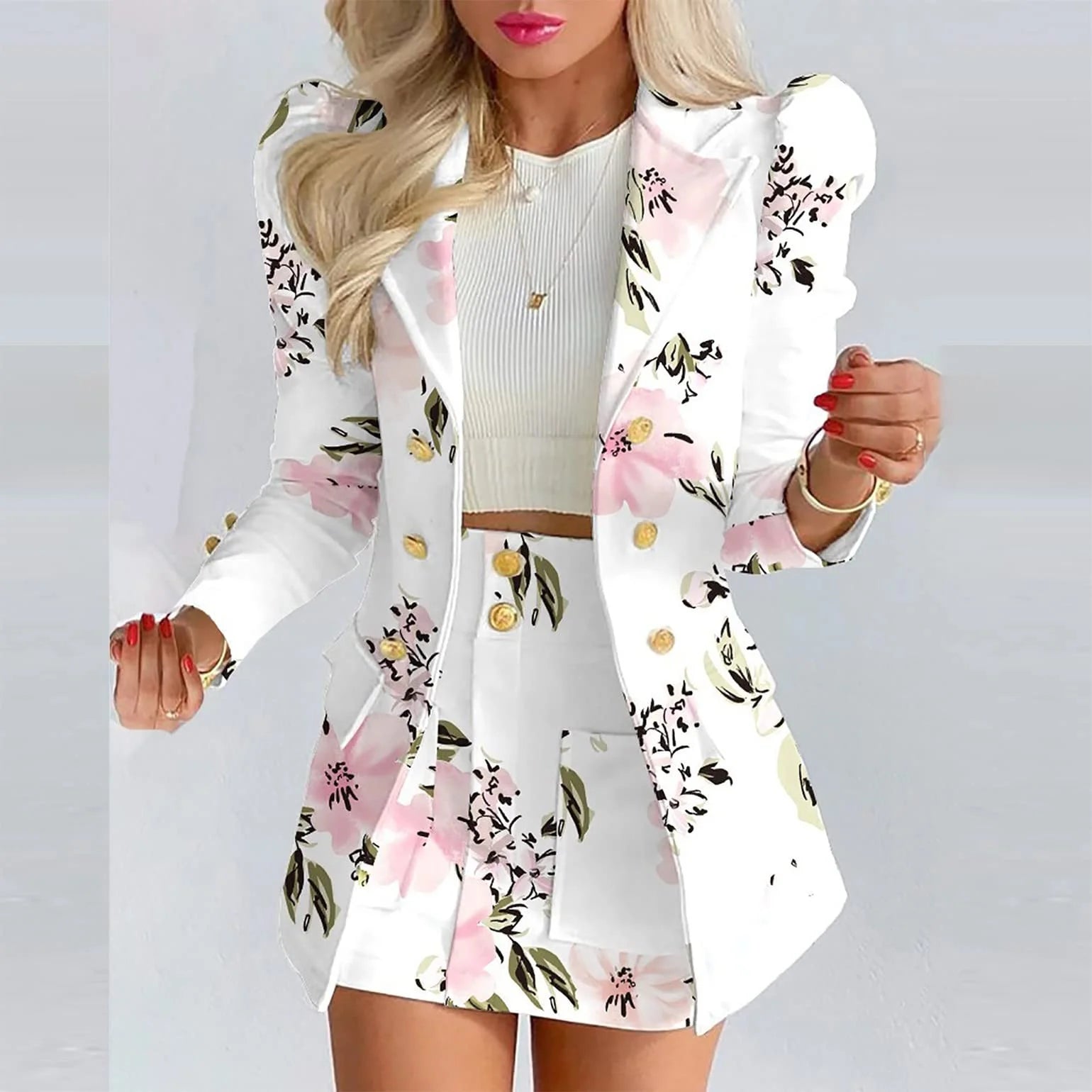 2 Piece Business Suit Outfits Casual Open Front Blazer High Waisted Mini Pocketed Skirt Suit for Women Set Women Solid Long Sleeve Cardigan Coat Short Skirt Suit, Pink&S